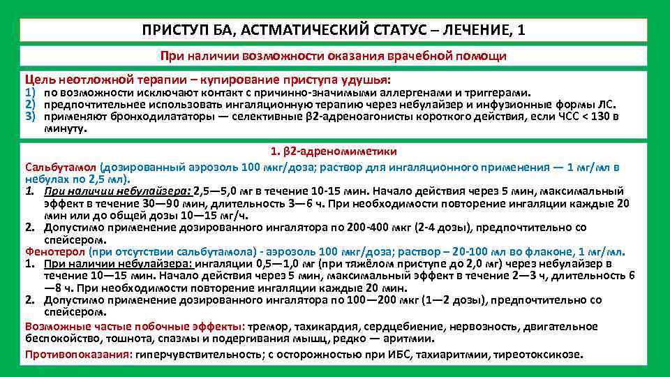 ПРИСТУП БА, АСТМАТИЧЕСКИЙ СТАТУС – ЛЕЧЕНИЕ, 1 При наличии возможности оказания врачебной помощи Цель