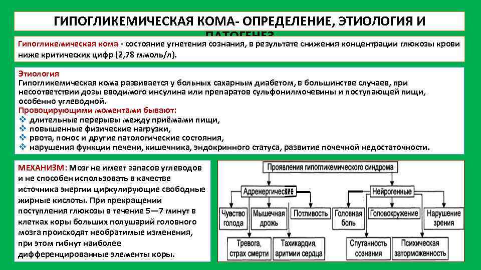 ГИПОГЛИКЕМИЧЕСКАЯ КОМА ОПРЕДЕЛЕНИЕ, ЭТИОЛОГИЯ И ПАТОГЕНЕЗ Гипогликемическая кома состояние угнетения сознания, в результате снижения