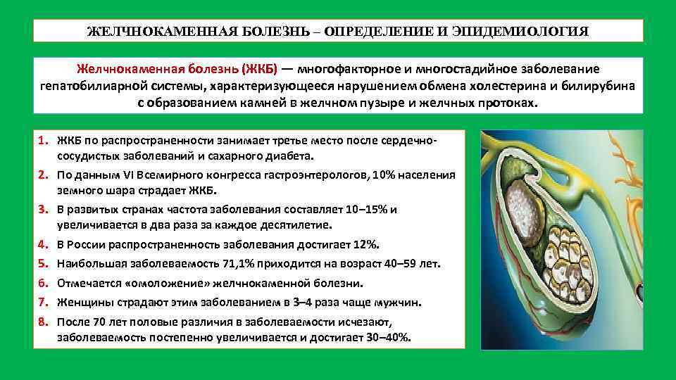 ЖЕЛЧНОКАМЕННАЯ БОЛЕЗНЬ – ОПРЕДЕЛЕНИЕ И ЭПИДЕМИОЛОГИЯ Желчнокаменная болезнь (ЖКБ) — многофакторное и многостадийное заболевание