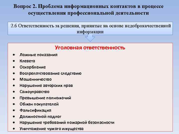 Вопрос 2. Проблема информационных контактов в процессе осуществления профессиональной деятельности 2. 6 Ответственность за