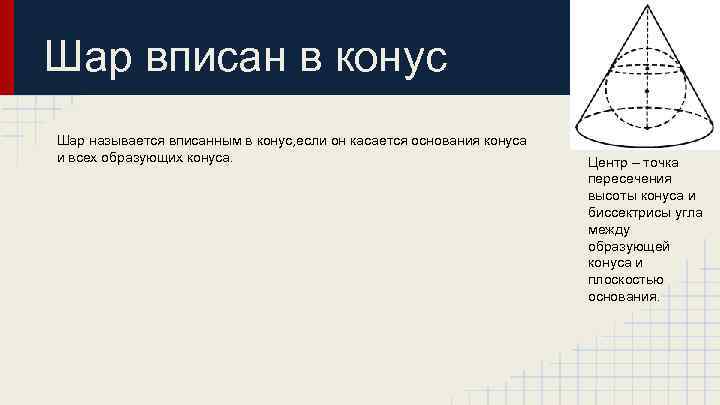 Шар вписан в конус Шар называется вписанным в конус, если он касается основания конуса