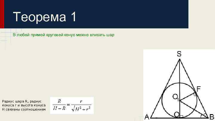 Теорема 1 В любой прямой круговой конус можно вписать шар Радиус шара R, радиус