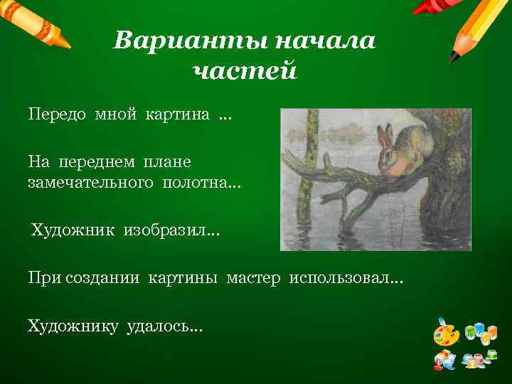 Варианты начала частей Передо мной картина … На переднем плане замечательного полотна… Художник изобразил…