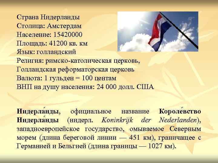 Страна Нидерланды Столица: Амстердам Население: 15420000 Площадь: 41200 кв. км Язык: голландский Религия: римско-католическая