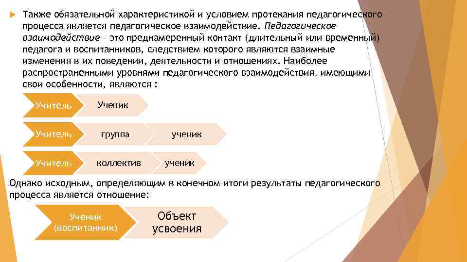  Также обязательной характеристикой и условием протекания педагогического процесса является педагогическое взаимодействие. Педагогическое взаимодействие