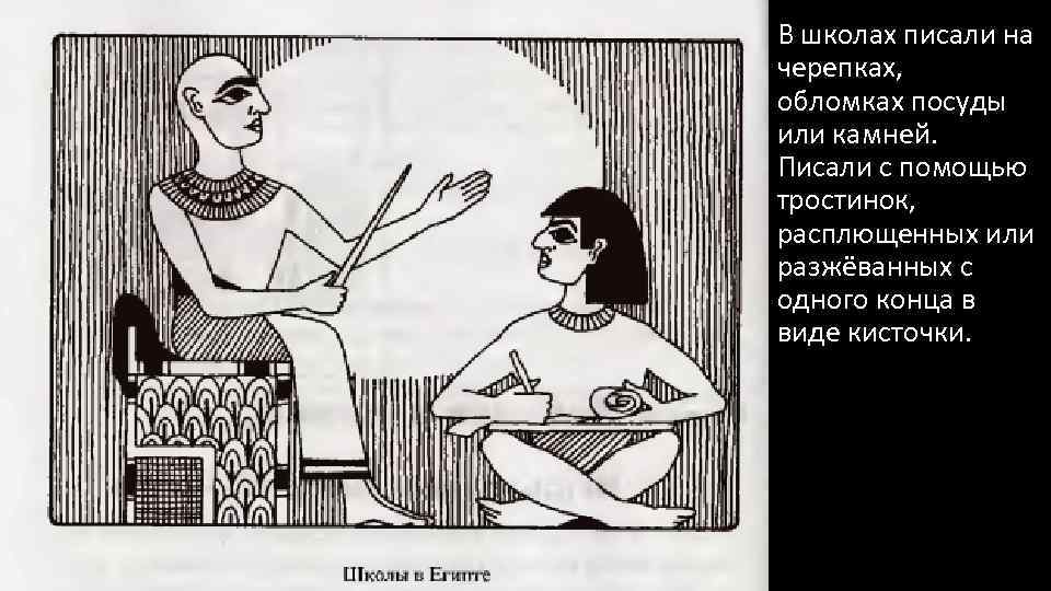 В школах писали на черепках, обломках посуды или камней. Писали с помощью тростинок, расплющенных