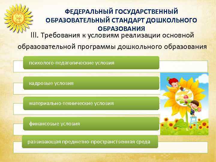 ФЕДЕРАЛЬНЫЙ ГОСУДАРСТВЕННЫЙ ОБРАЗОВАТЕЛЬНЫЙ СТАНДАРТ ДОШКОЛЬНОГО ОБРАЗОВАНИЯ III. Требования к условиям реализации основной образовательной программы