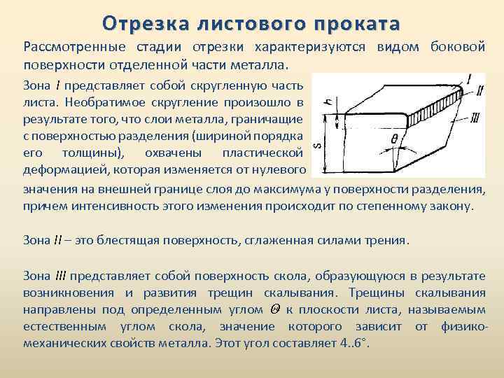 Отрезка листового проката Рассмотренные стадии отрезки характеризуются видом боковой поверхности отделенной части металла. Зона