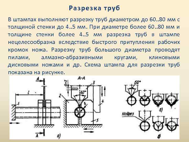 Разрезка труб В штампах выполняют разрезку труб диаметром до 60. . 80 мм с