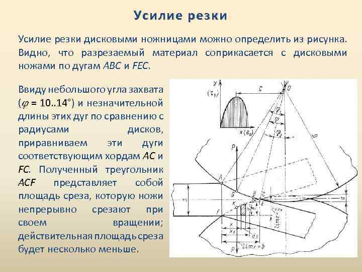 Усилие резки дисковыми ножницами можно определить из рисунка. Видно, что разрезаемый материал соприкасается с