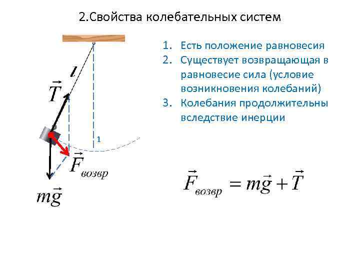 2. Свойства колебательных систем 1. Есть положение равновесия 2. Существует возвращающая в равновесие сила