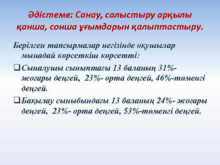 Әдістеме: Санау, салыстыру арқылы қанша, сонша ұғымдарын қалыптастыру. Берілген тапсырмалар негізінде оқушылар мынадай көрсеткіш