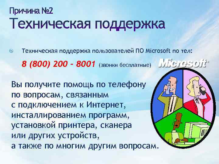 Техническая поддержка пользователей ПО Microsoft по тел: 8 (800) 200 - 8001 (звонки бесплатные)