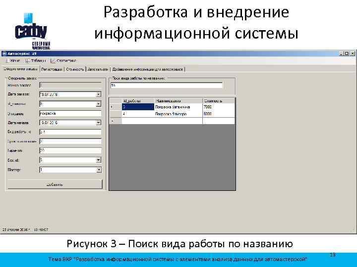 Разработка и внедрение информационной системы Рисунок 3 – Поиск вида работы по названию Тема