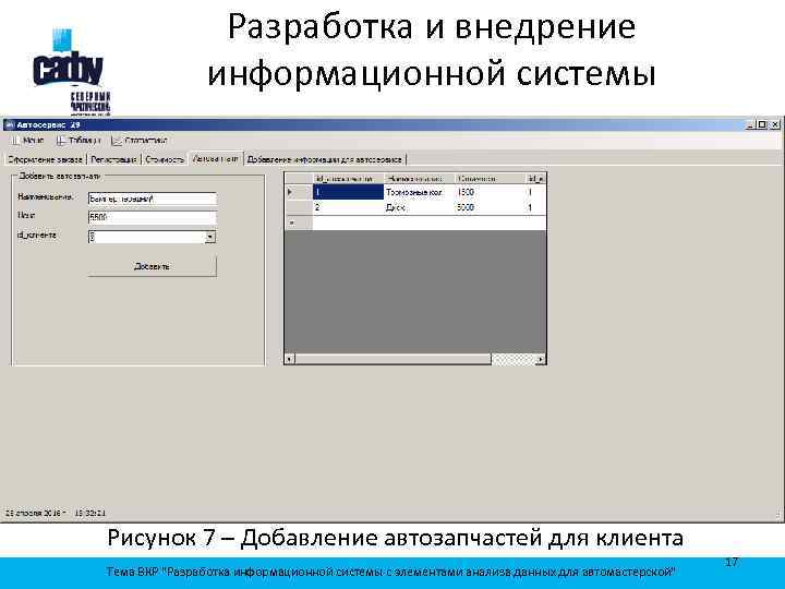 Разработка и внедрение информационной системы Рисунок 7 – Добавление автозапчастей для клиента Тема ВКР