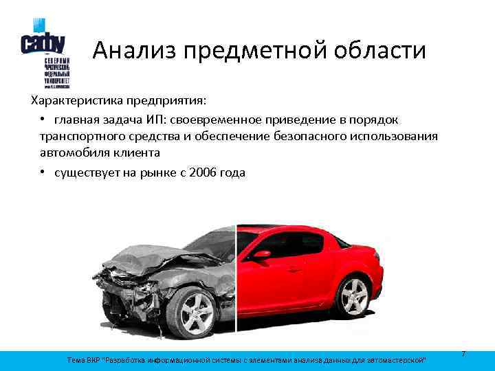 Анализ предметной области Характеристика предприятия: • главная задача ИП: своевременное приведение в порядок транспортного