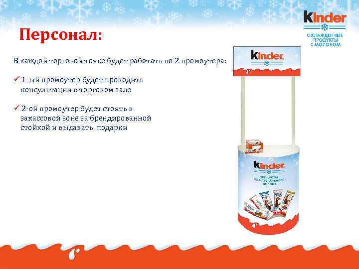 Персонал: В каждой торговой точке будет работать по 2 промоутера: ü 1 -ый промоутер