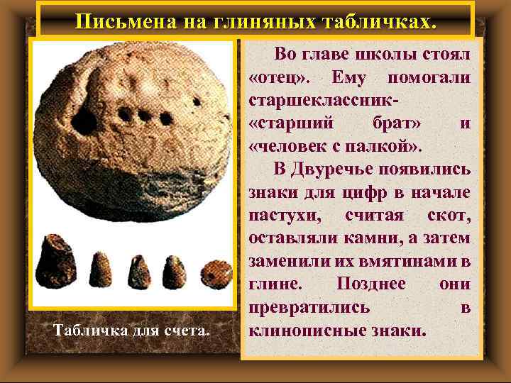 Письмена на глиняных табличках. Табличка для счета. Во главе школы стоял «отец» . Ему