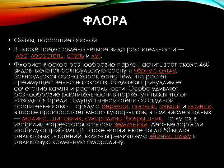 ФЛОРА • Скалы, поросшие сосной • В парке представлено четыре вида растительности — лес,