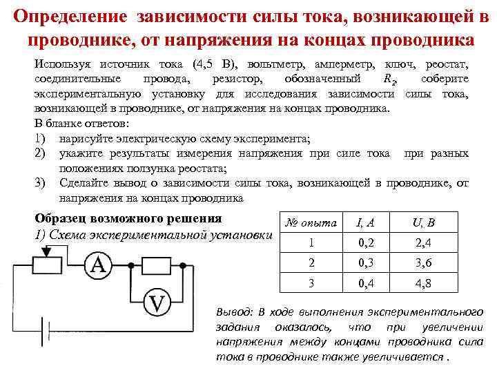 Определение зависимости силы тока, возникающей в проводнике, от напряжения на концах проводника Используя источник