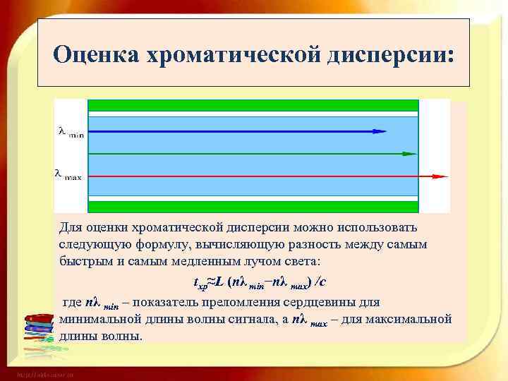 Оценка хроматической дисперсии: Для оценки хроматической дисперсии можно использовать следующую формулу, вычисляющую разность между