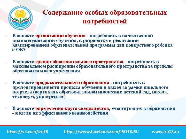 Содержание особых образовательных потребностей - В аспекте организации обучения - потребность в качественной индивидуализации