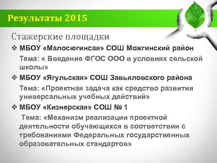 Результаты 2015 Стажерские площадки v МБОУ «Малосюгинсая» СОШ Можгинский район Тема: « Введение ФГОС