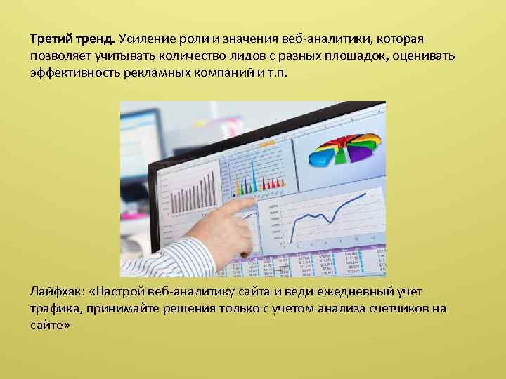 Третий тренд. Усиление роли и значения веб-аналитики, которая позволяет учитывать количество лидов с разных
