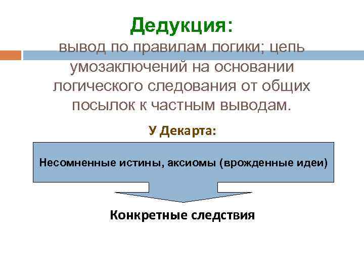 Дедукция: вывод по правилам логики; цепь умозаключений на основании логического следования от общих посылок