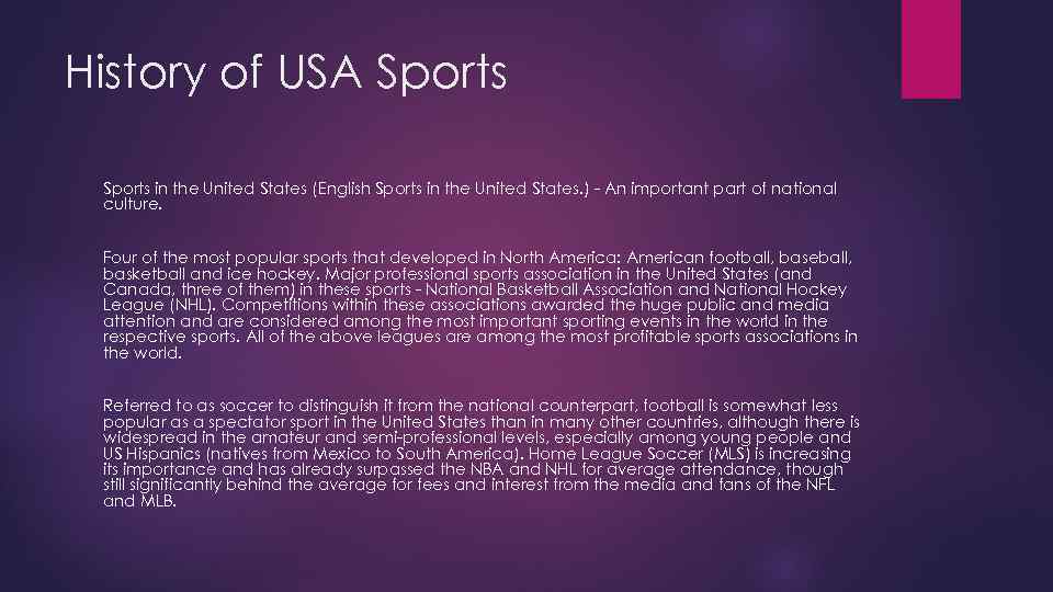 History of USA Sports in the United States (English Sports in the United States.