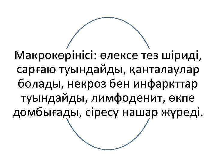 Макрокөрінісі: өлексе тез шіриді, сарғаю туындайды, қанталаулар болады, некроз бен инфаркттар туындайды, лимфоденит, өкпе