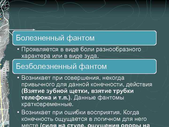 Болезненный фантом • Проявляется в виде боли разнообразного характера или в виде зуда. Безболезненный