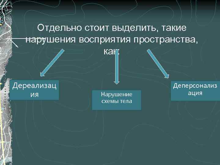 Отдельно стоит выделить, такие нарушения восприятия пространства, как: Дереализац ия Нарушение схемы тела Деперсонализ