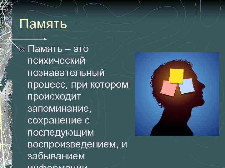 Память – это психический познавательный процесс, при котором происходит запоминание, сохранение с последующим воспроизведением,