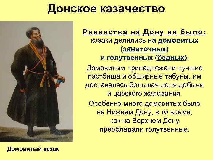 Донское казачество Равенства на Дону не было: казаки делились на домовитых (зажиточных) и голутвенных