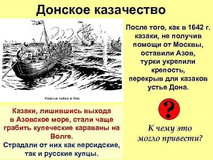 Донское казачество После того, как в 1642 г. казаки, не получив помощи от Москвы,