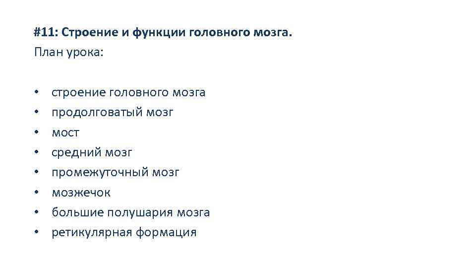 #11: Строение и функции головного мозга. План урока: • • строение головного мозга продолговатый