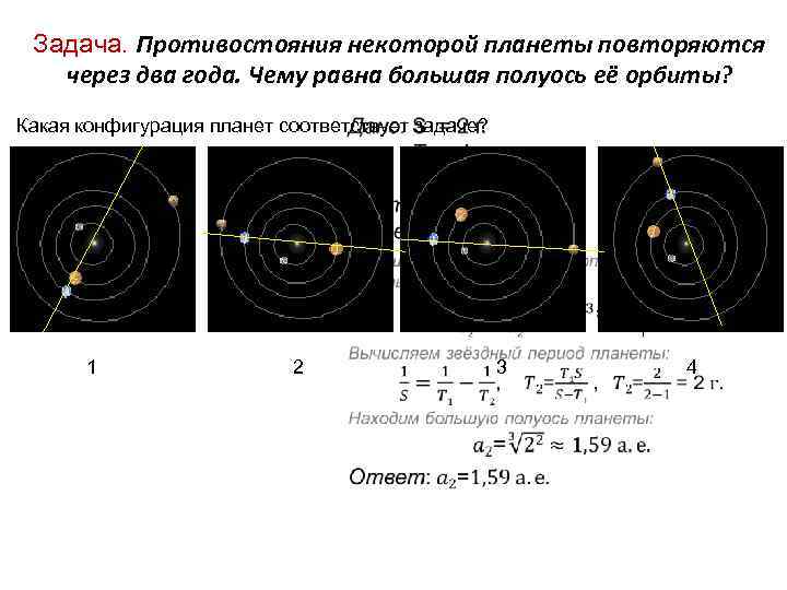 Задача. Противостояния некоторой планеты повторяются через два года. Чему равна большая полуось её орбиты?