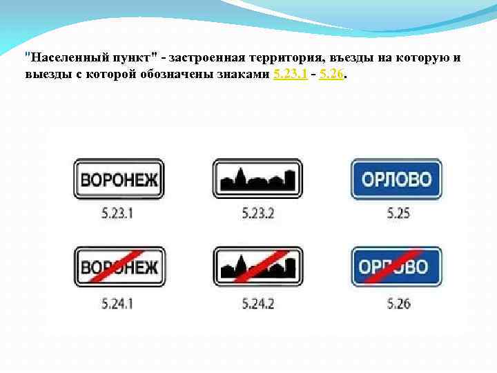 "Населенный пункт" - застроенная территория, въезды на которую и выезды с которой обозначены знаками