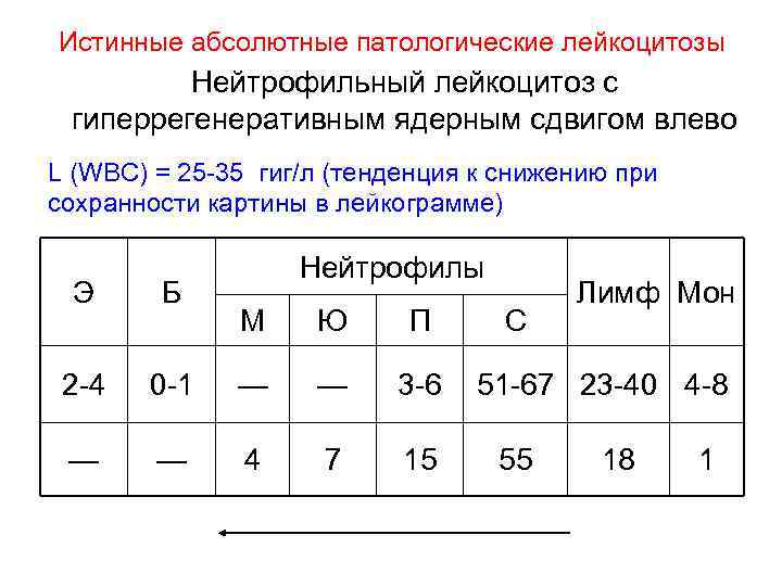 Истинные абсолютные патологические лейкоцитозы Нейтрофильный лейкоцитоз с гиперрегенеративным ядерным сдвигом влево L (WBC) =