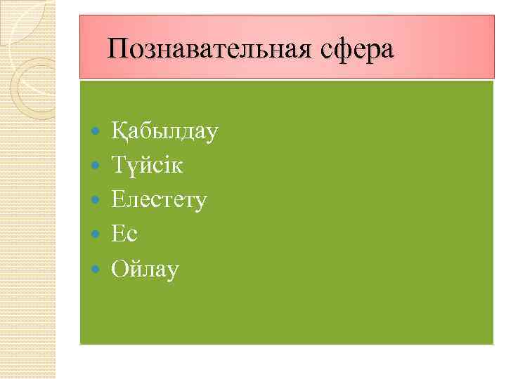 Познавательная сфера Қабылдау Түйсік Елестету Ес Ойлау 