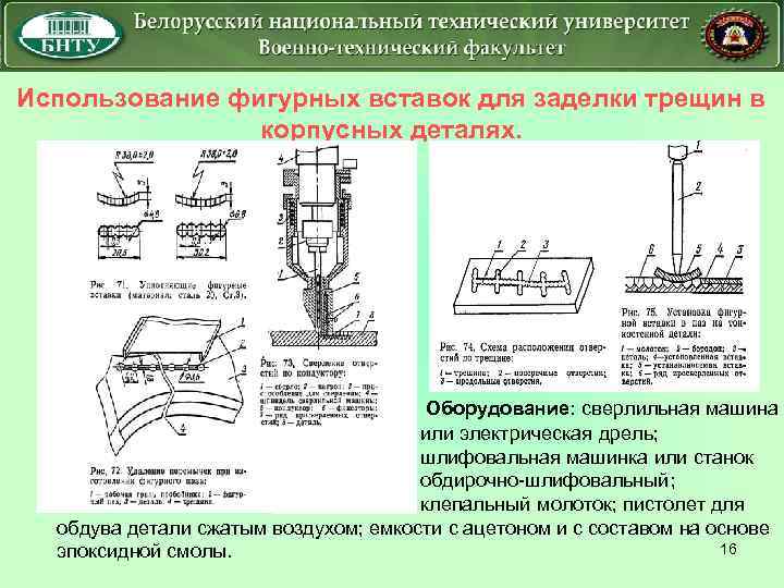 Использование фигурных вставок для заделки трещин в корпусных деталях. Оборудование: сверлильная машина или электрическая