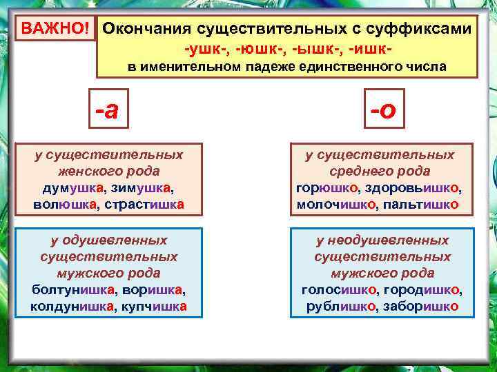 ВАЖНО! Окончания существительных с суффиксами -ушк-, -юшк-, -ышк-, -ишкв именительном падеже единственного числа -а