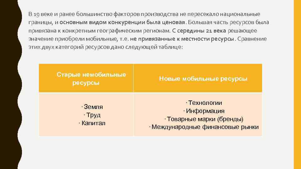 В 19 веке и ранее большинство факторов производства не пересекало национальные границы, и основным