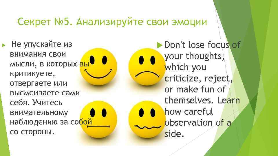 Секрет № 5. Анализируйте свои эмоции Не упускайте из внимания свои мысли, в которых