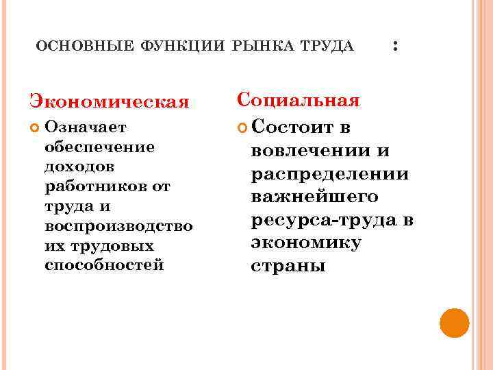 ОСНОВНЫЕ ФУНКЦИИ РЫНКА ТРУДА Экономическая Означает обеспечение доходов работников от труда и воспроизводство их