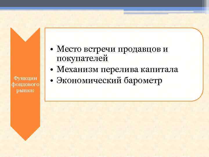 Функции фондового рынка: • Место встречи продавцов и покупателей • Механизм перелива капитала •