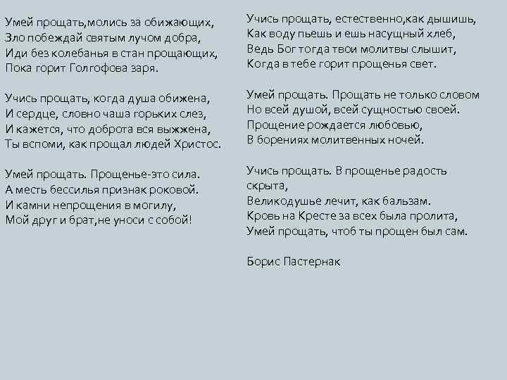 Умей прощать, молись за обижающих, Зло побеждай святым лучом добра, Иди без колебанья в