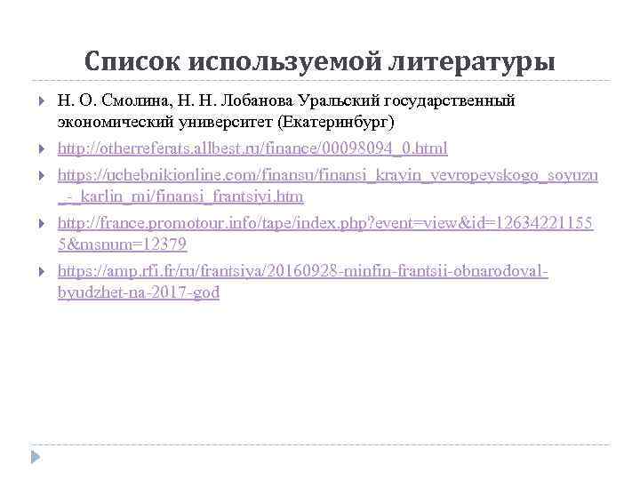 Список используемой литературы Н. О. Смолина, Н. Н. Лобанова Уральский государственный экономический университет (Екатеринбург)