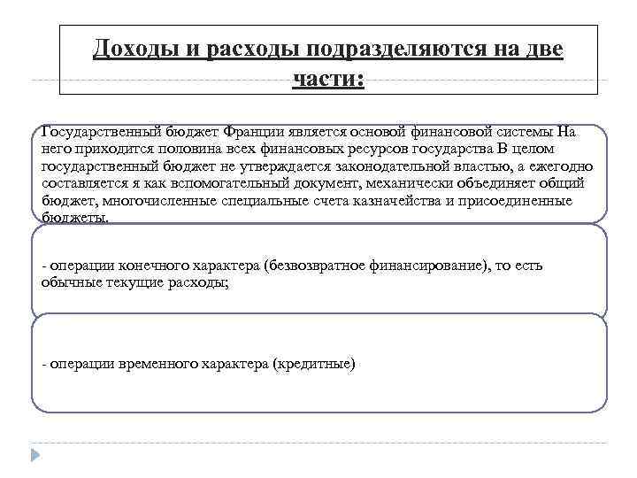 Доходы и расходы подразделяются на две части: Государственный бюджет Франции является основой финансовой системы